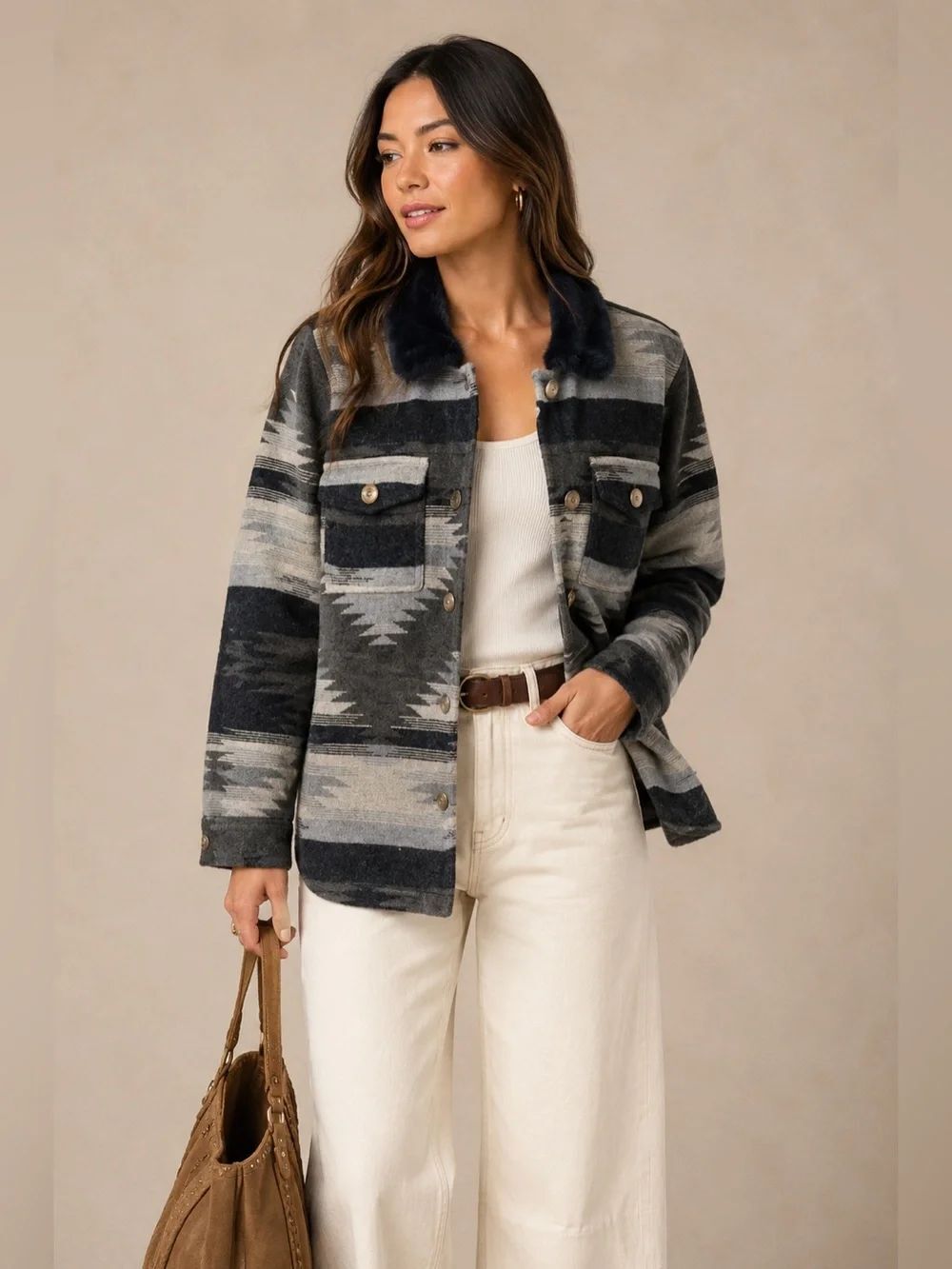 Anthropologie MYSTREE Wool Blend Aztec Shacket Faux Fur Collar Button Front S
